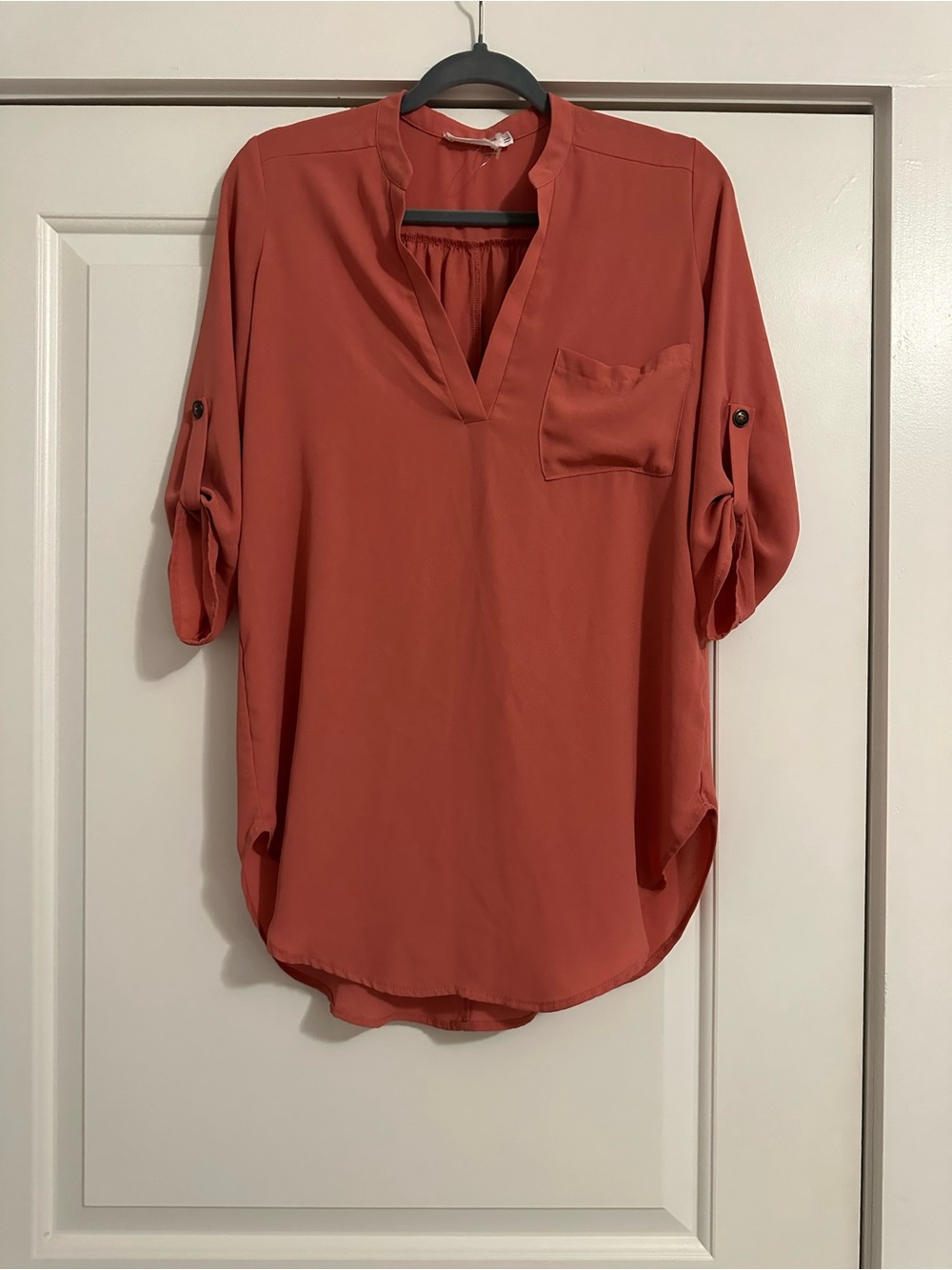NWOT Lush Rust Coral Roll Tab Sleeve Tunic Blouse